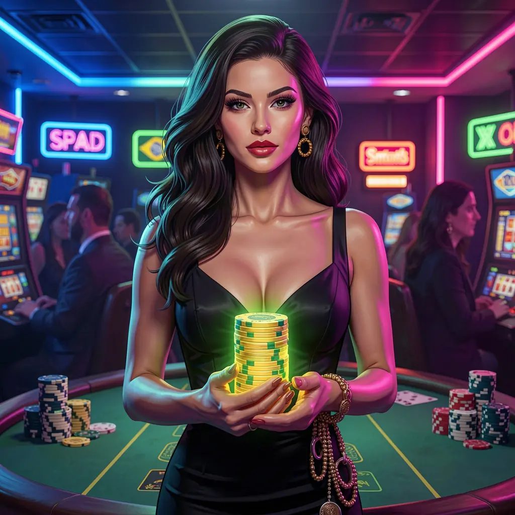 Uma elegante mulher brasileira pressionando o botão de uma máquina caça-níqueis enquanto moedas douradas caem ao seu redor em uma vibrante cena de cassino na plataforma de caça-níqueis G1B23 G1B23 – Entre em uma experiência premium de cassino online para jogadores no Brasil